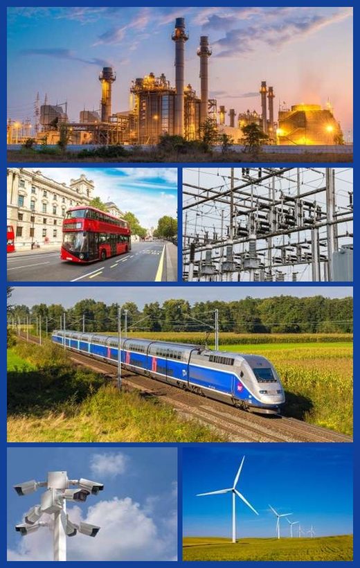 REDIS-served industries: energy plants, city transit, power substations, rail, city surveillance and wind energy.