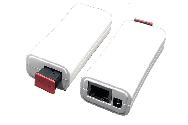 REDIS Giga Media Converter units showing the SI-POF transceiver port and the RJ-45 Ethernet port.