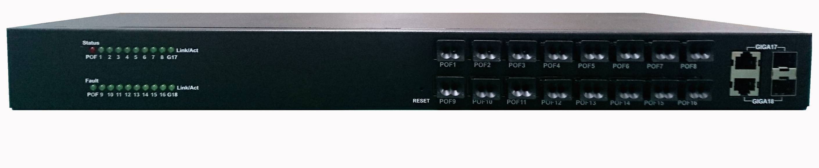 REDIS 24-port POF Switch front panel showing POF1-16 fiber ports, GIGA17/18 combo uplinks and status/fault LEDs.